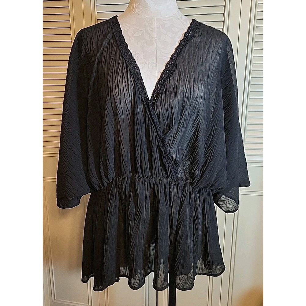 'Rose and Grey' Sheer Black ¾ Sleeves V-neck Babydoll Sexy Top 1X Pretty!